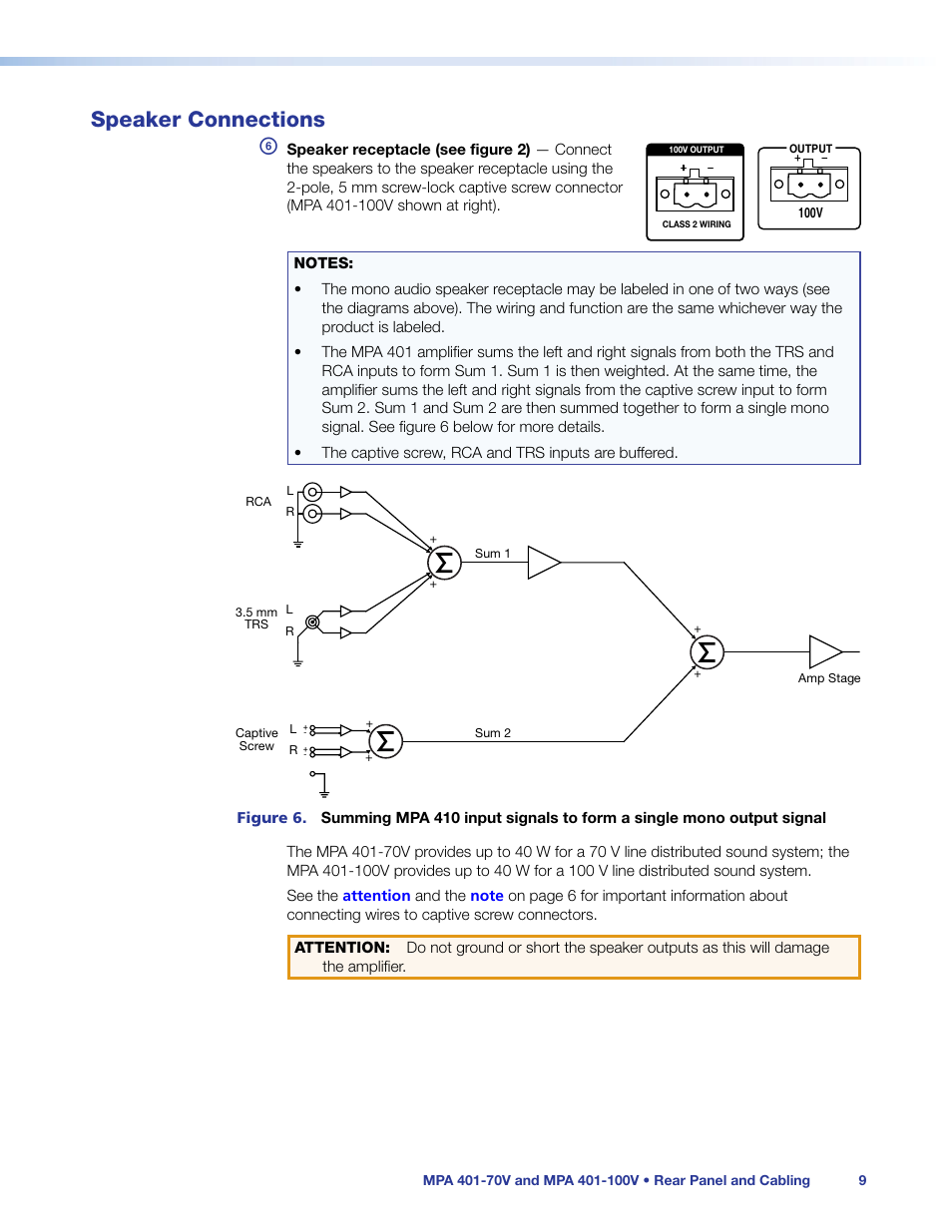 Speaker connections, Remote | Extron Electronics MPA 401 Series User Guide User Manual | Page 15 / 22