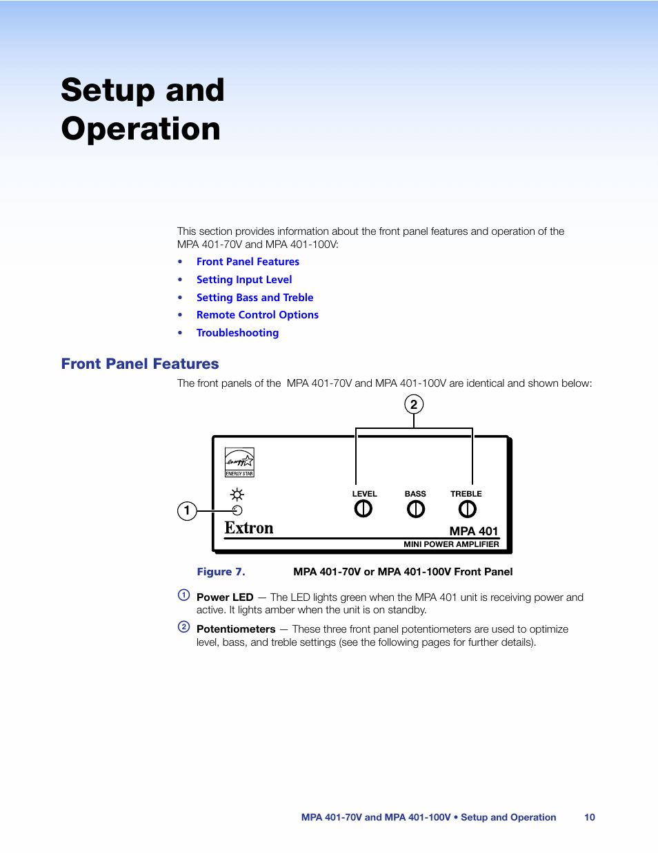 Setup and operation, Front panel features | Extron Electronics MPA 401 Series User Guide User Manual | Page 16 / 22