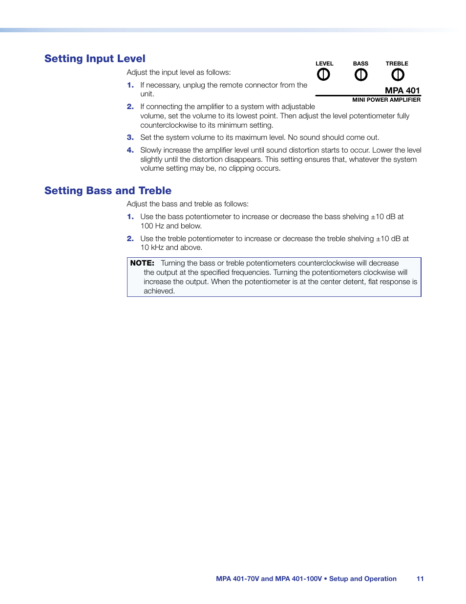 Setting input level, Setting bass and treble, Setting input level setting bass and treble | Extron Electronics MPA 401 Series User Guide User Manual | Page 17 / 22