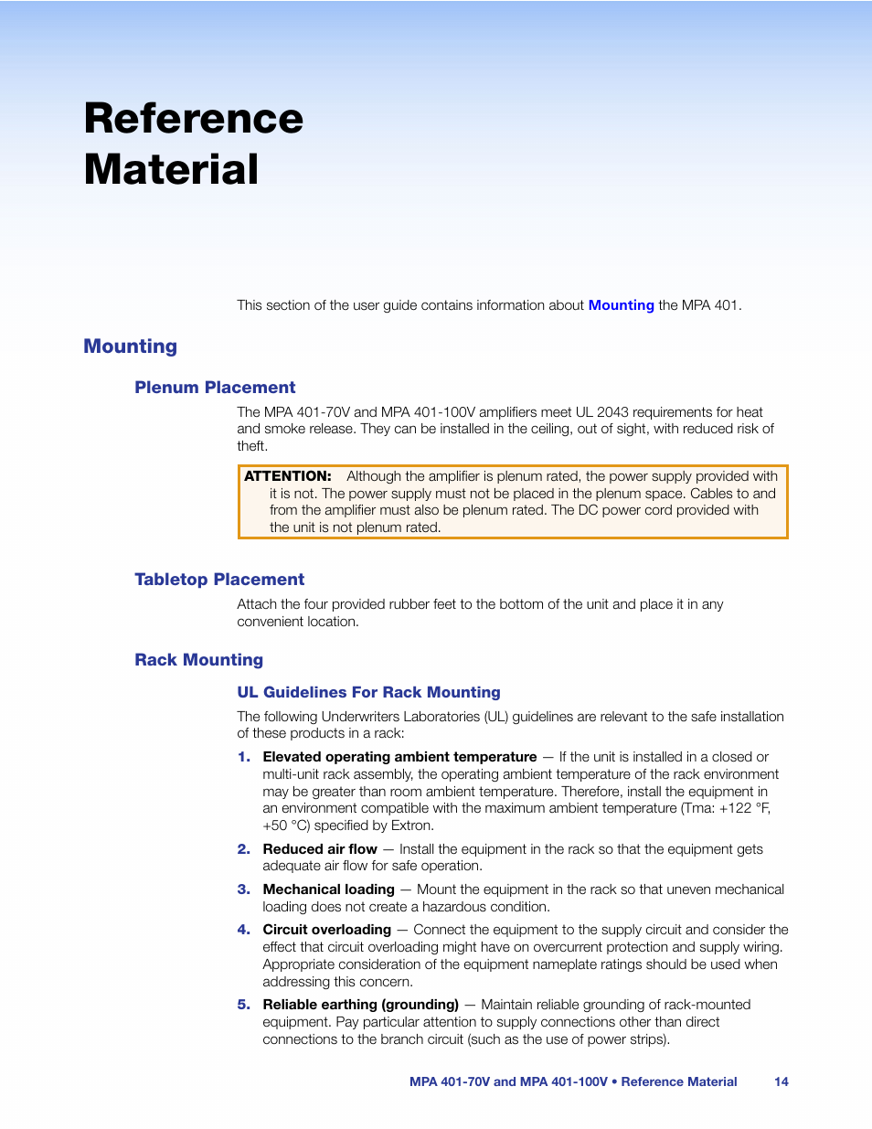 Reference material, Mounting, Plenum placement | Tabletop placement, Rack mounting, Plenum placement tabletop placement rack mounting | Extron Electronics MPA 401 Series User Guide User Manual | Page 20 / 22