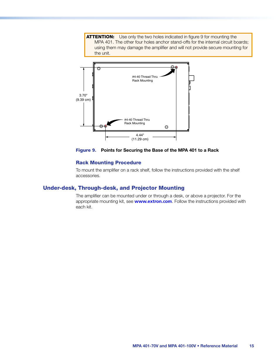 Under-desk, through-desk, and projector mounting, Under-desk, through-desk, and projector, Mounting | Extron Electronics MPA 401 Series User Guide User Manual | Page 21 / 22