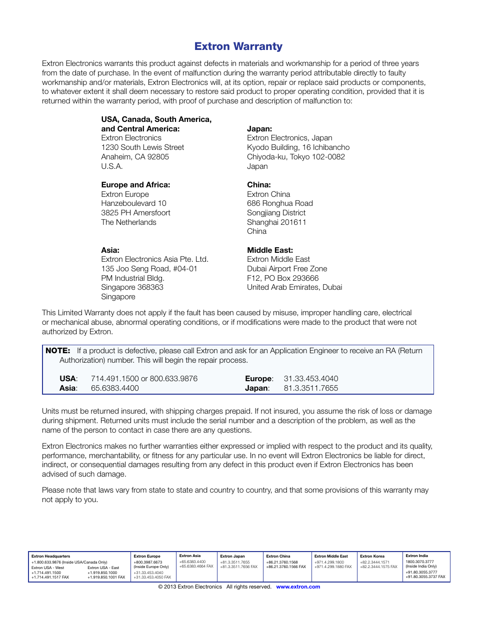 Extron warranty, Extron contact information | Extron Electronics MPA 401 Series User Guide User Manual | Page 22 / 22