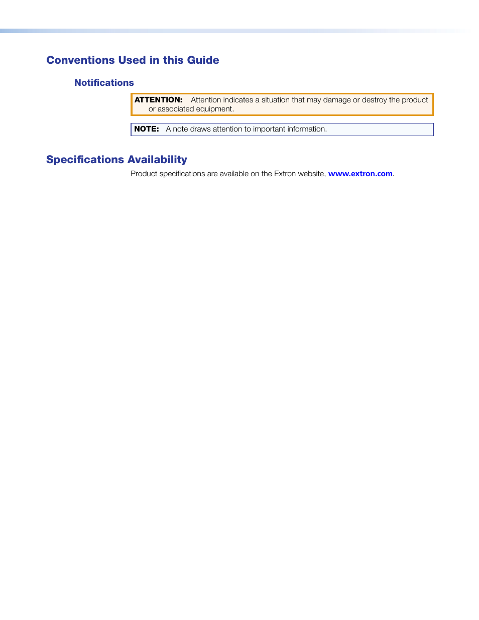 Conventions used in this guide, Notifications, Specifications availability | Extron Electronics MPA 401 Series User Guide User Manual | Page 4 / 22