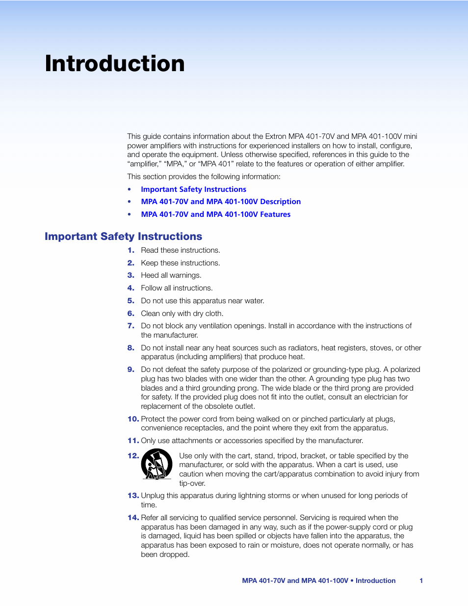 Introduction, Important safety instructions | Extron Electronics MPA 401 Series User Guide User Manual | Page 7 / 22