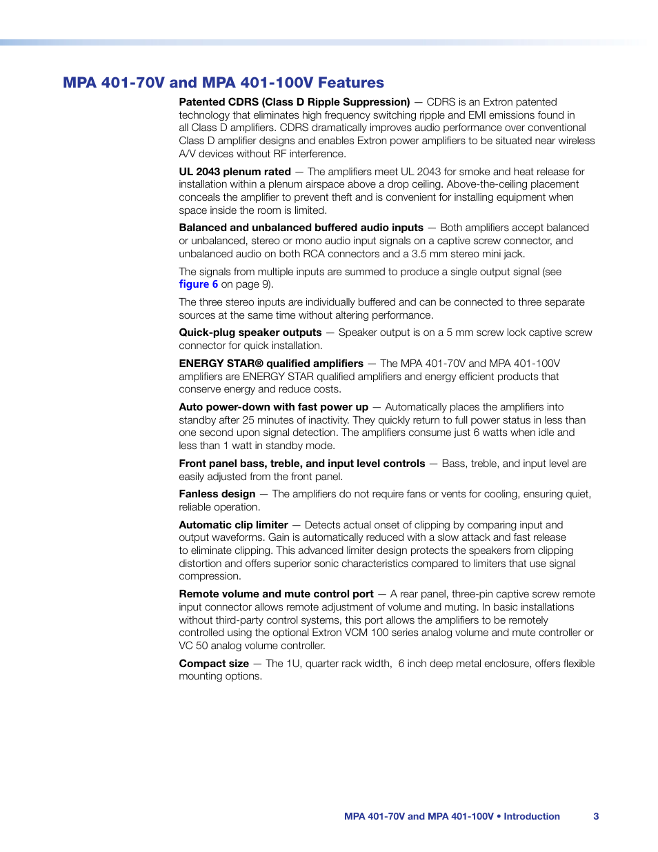 Mpa 401-70v and mpa 401-100v features | Extron Electronics MPA 401 Series User Guide User Manual | Page 9 / 22