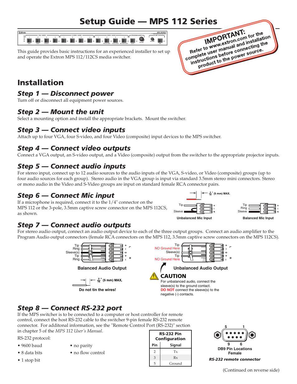 Extron Electronics MPS 112 Series Setup Guide User Manual | 2 pages