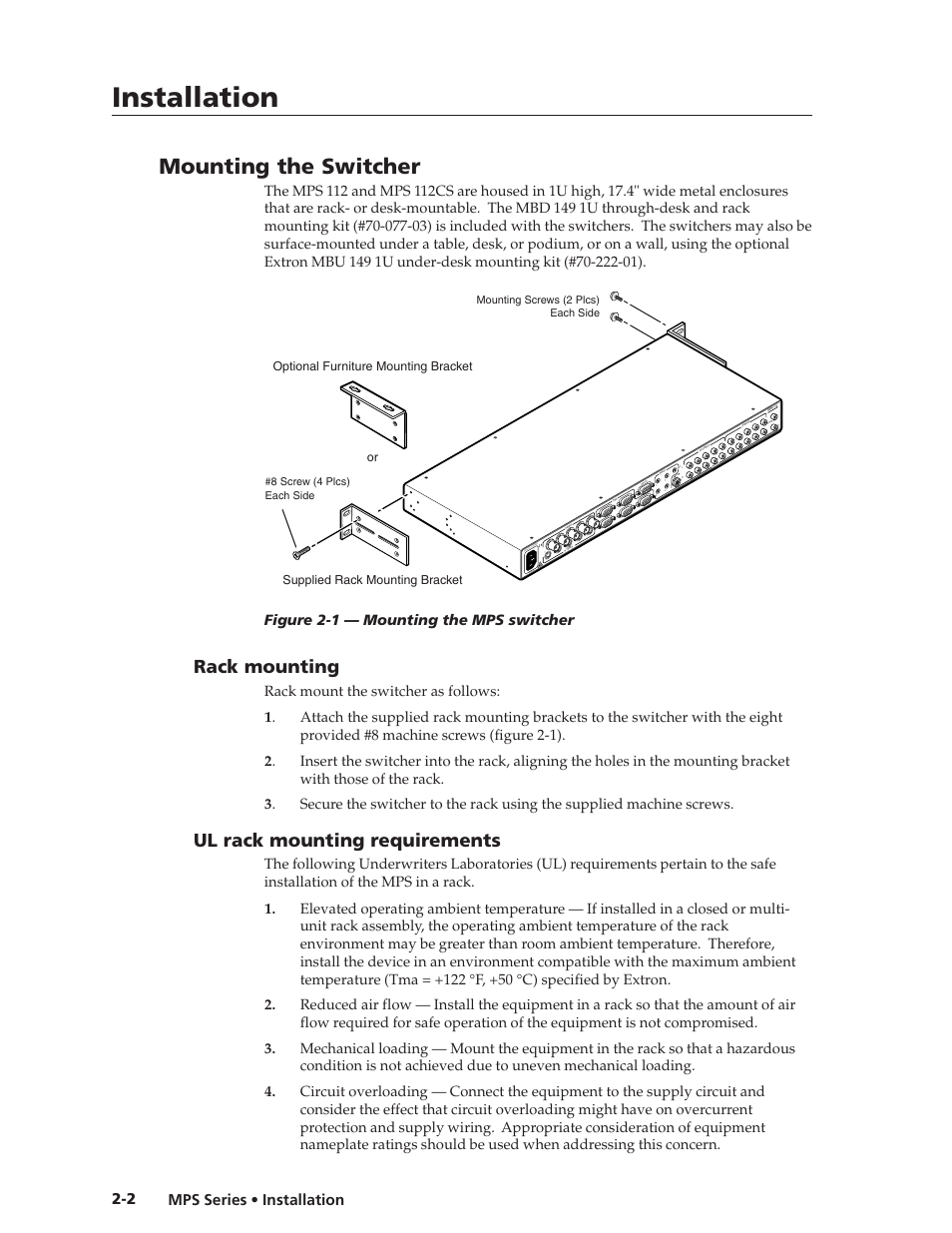 Installation, Mounting the switcher, Rack mounting | Ul rack mounting requirements, Mps series • installation 2-2 | Extron Electronics MPS 112_112CS User Guide User Manual | Page 10 / 46