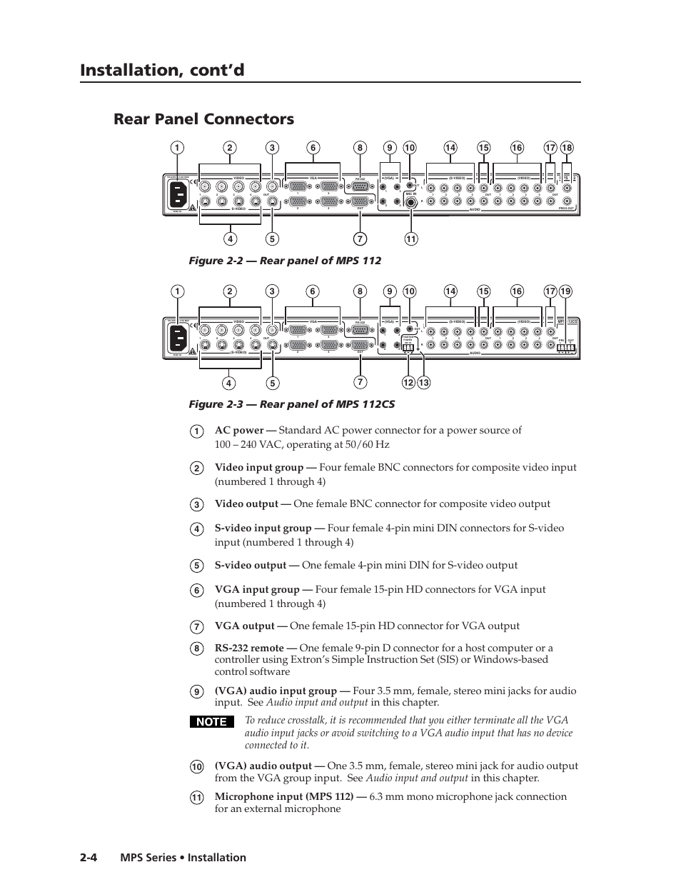 Installation, cont’d, Rear panel connectors, Mps series • installation 2-4 | Extron Electronics MPS 112_112CS User Guide User Manual | Page 12 / 46