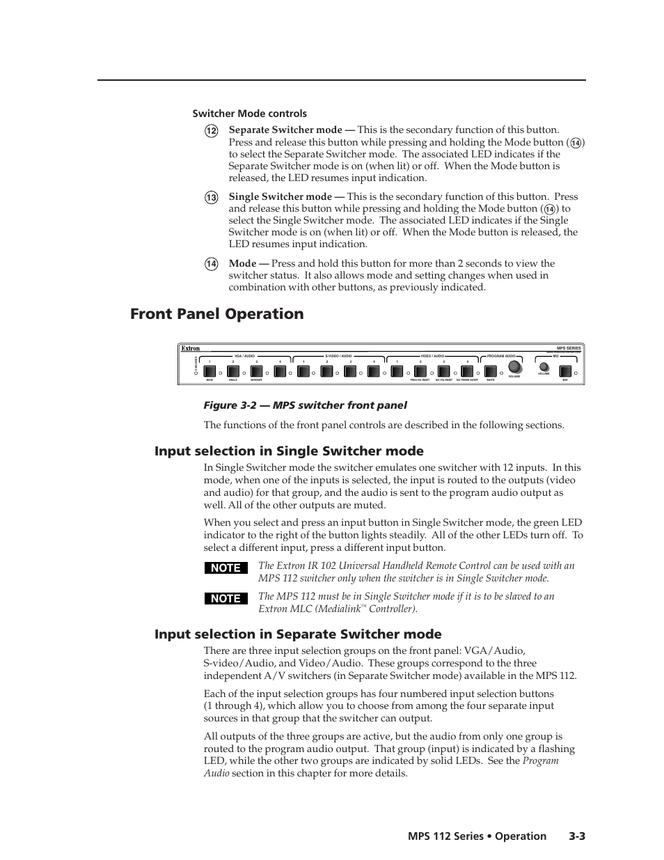 Preliminar y, Front panel operation, Input selection in single switcher mode | Input selection in separate switcher mode, 3 mps 112 series • operation, Switcher mode controls, Controller) | Extron Electronics MPS 112_112CS User Guide User Manual | Page 19 / 46