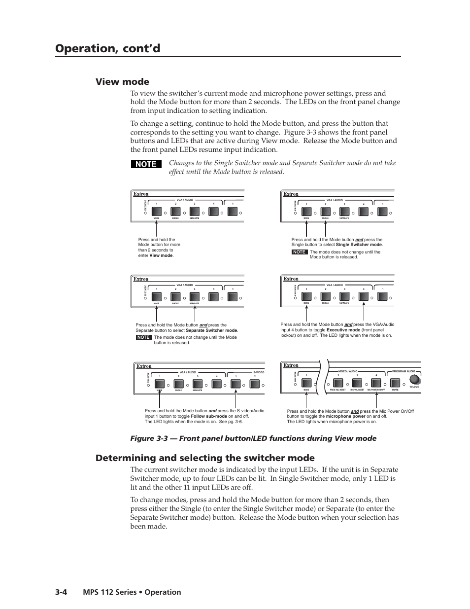 Preliminar y, Operation, cont’d, View mode | Determining and selecting the switcher mode | Extron Electronics MPS 112_112CS User Guide User Manual | Page 20 / 46