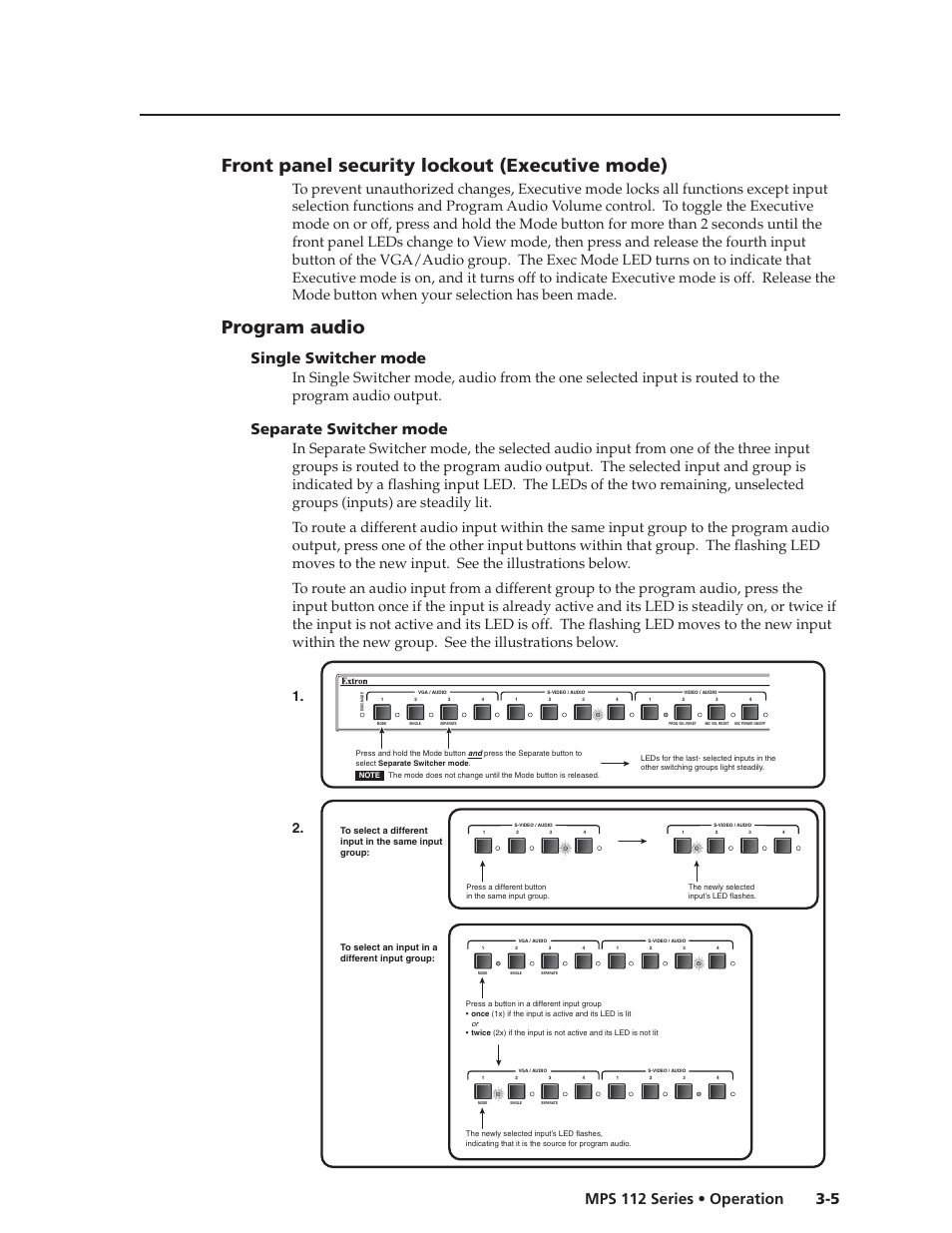 Preliminar y, Front panel security lockout (executive mode), Program audio | 5 mps 112 series • operation, Single switcher mode, Separate switcher mode | Extron Electronics MPS 112_112CS User Guide User Manual | Page 21 / 46