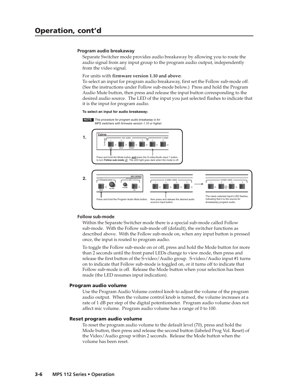 Preliminar y, Operation, cont’d, Program audio volume | Reset program audio volume | Extron Electronics MPS 112_112CS User Guide User Manual | Page 22 / 46