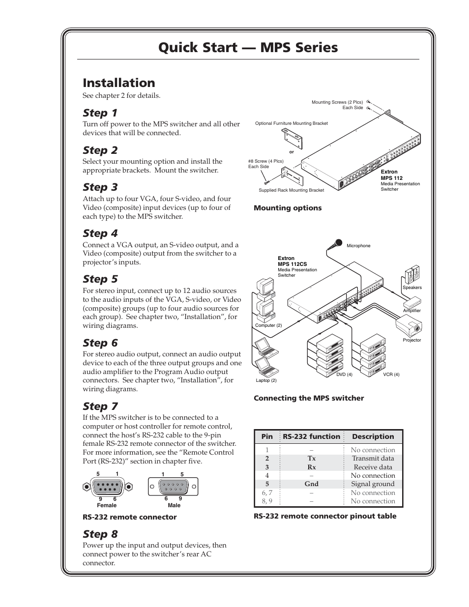 Quick start, Quick start — mps series, Installation | Step 1, Step 2, Step 3, Step 4, Step 5, Step 6, Step 7 | Extron Electronics MPS 112_112CS User Guide User Manual | Page 3 / 46