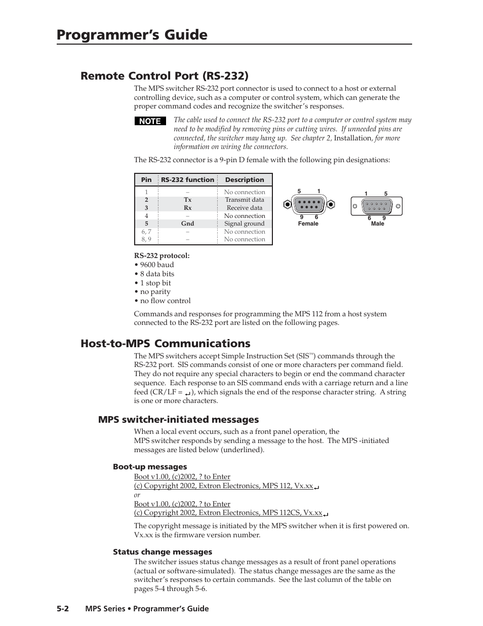 Programmer’s guide, Remote control port (rs-232), Host-to-mps communications | Mps switcher-initiated messages | Extron Electronics MPS 112_112CS User Guide User Manual | Page 30 / 46