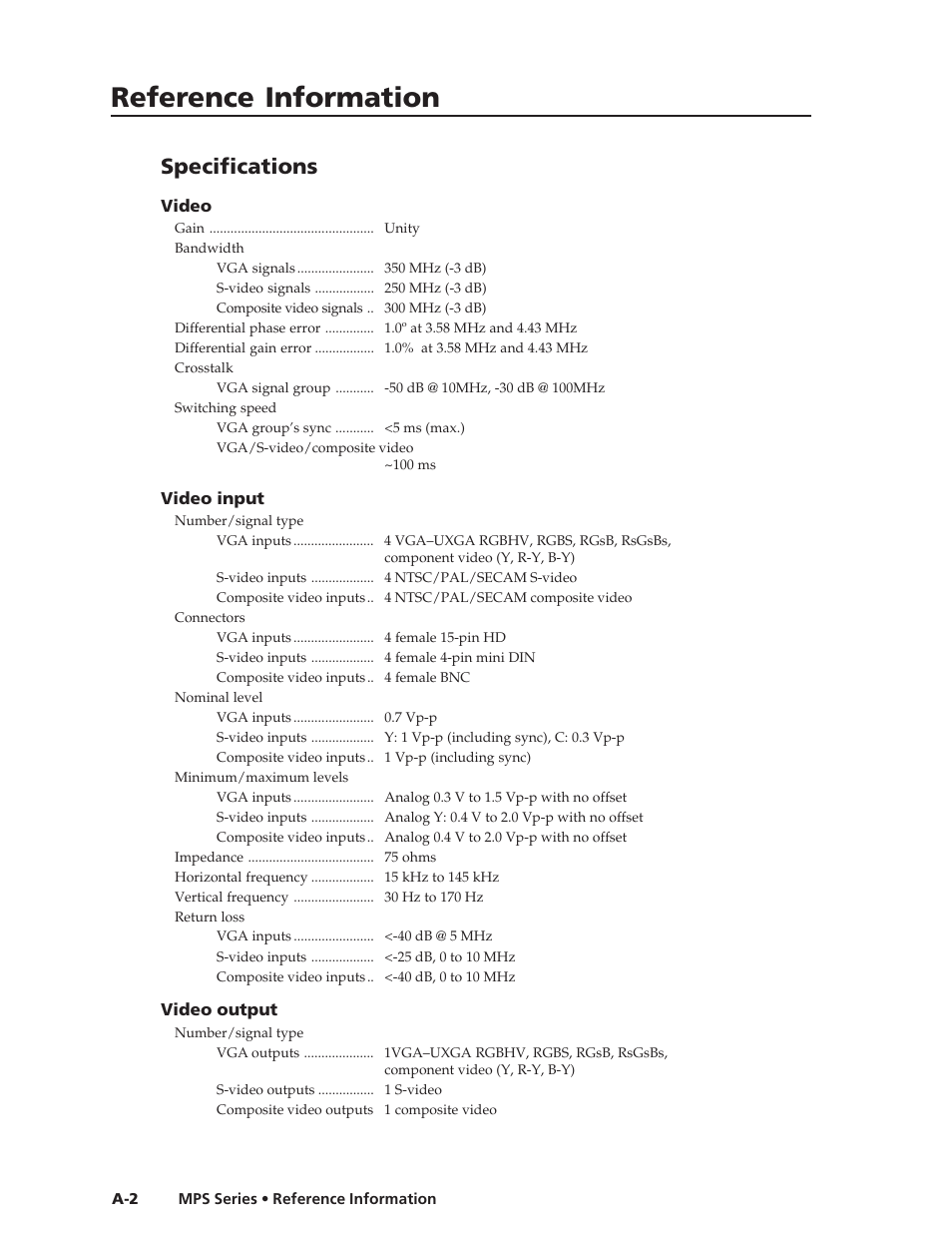 Reference information, Specifications | Extron Electronics MPS 112_112CS User Guide User Manual | Page 38 / 46