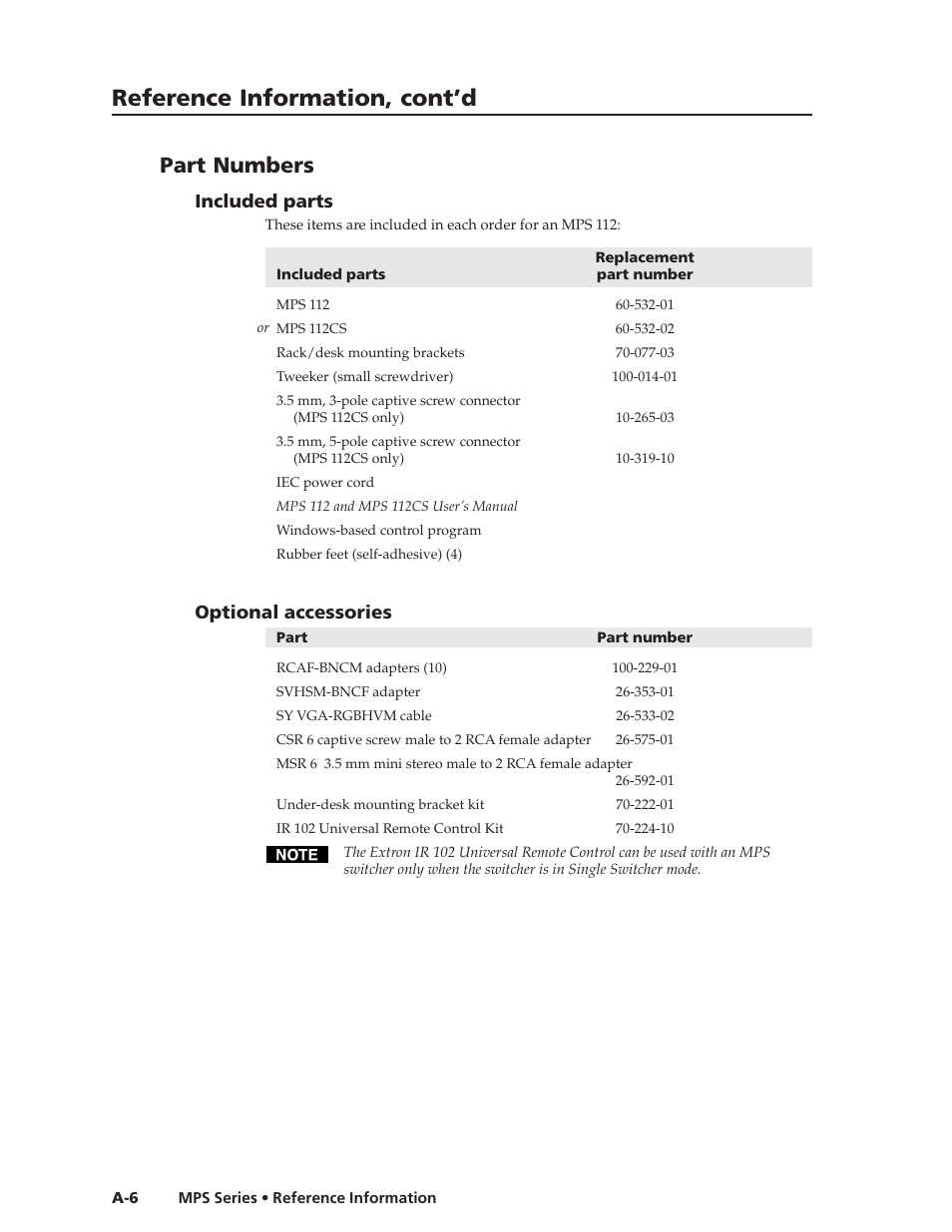 Reference information, cont’d, Part numbers | Extron Electronics MPS 112_112CS User Guide User Manual | Page 42 / 46