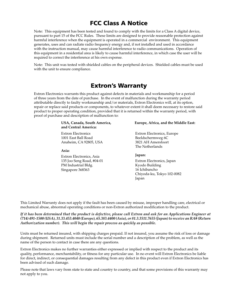 Fcc class a notice, warranty, Fcc class a notice, Extron’s warranty | Extron Electronics MPS 112_112CS User Guide User Manual | Page 45 / 46