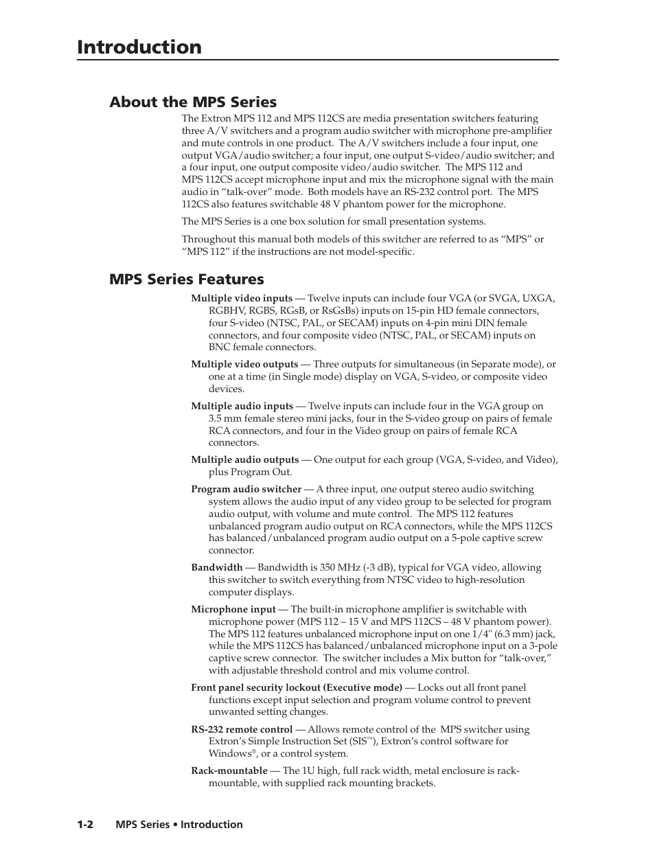 Introduction, About the mps series, Mps series features | Extron Electronics MPS 112_112CS User Guide User Manual | Page 8 / 46