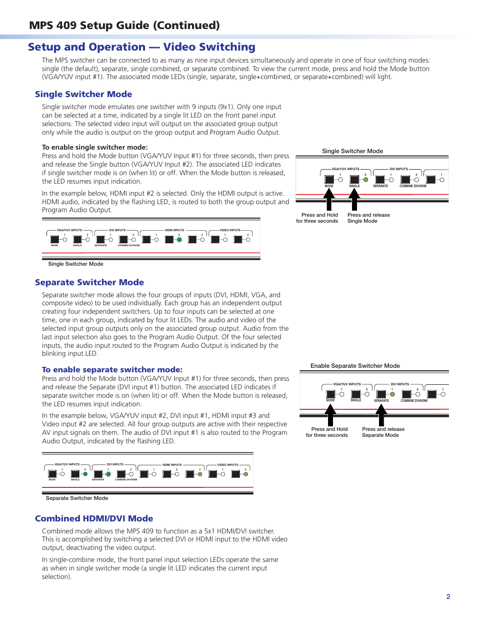 Mps 409 setup guide (continued), Setup and operation — video switching, Single switcher mode | Separate switcher mode, Combined hdmi/dvi mode, Enable separate switcher mode | Extron Electronics MPS 409 Setup Guide User Manual | Page 2 / 4