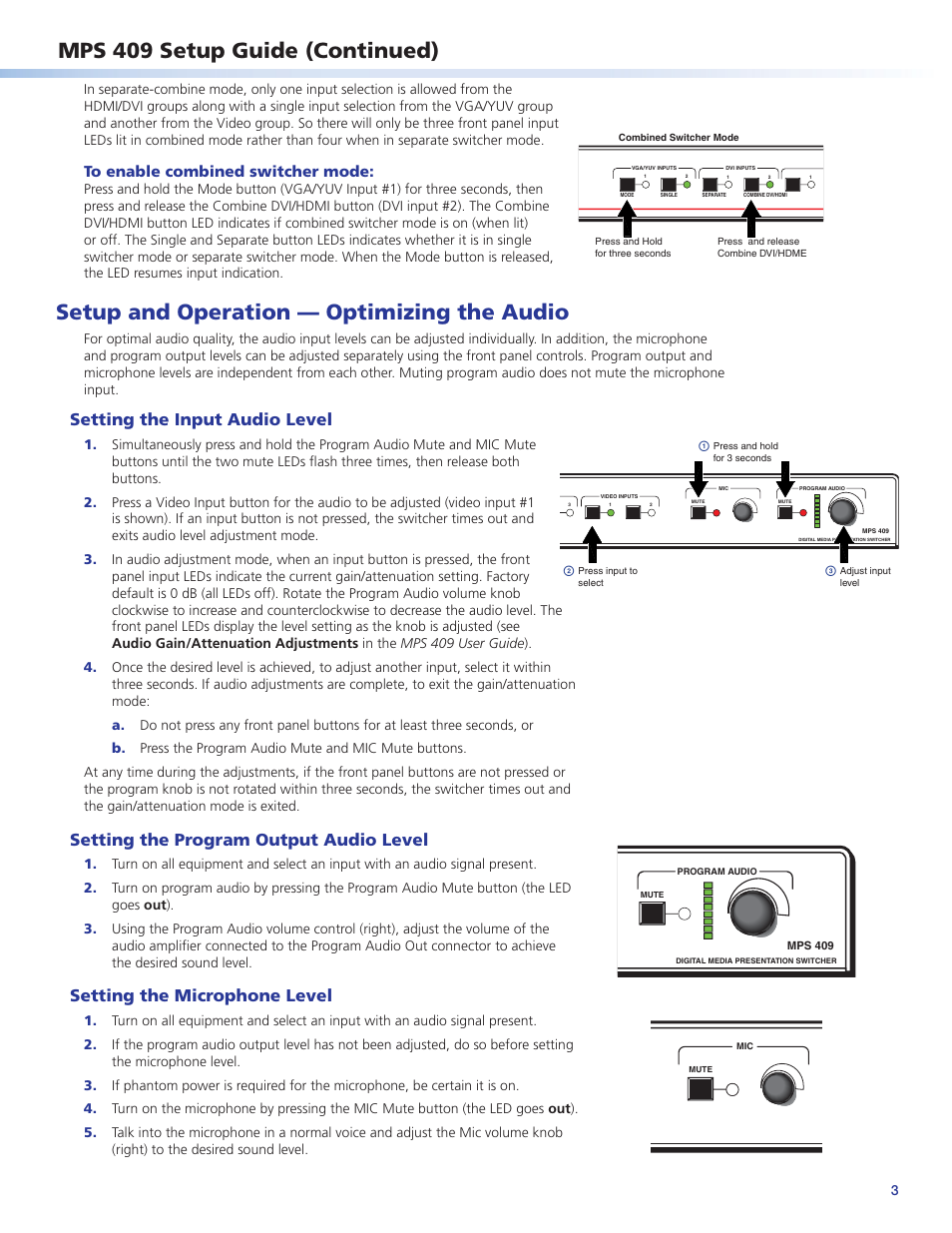 Mps 409 setup guide (continued), Setup and operation — optimizing the audio, Setting the input audio level | Setting the program output audio level, Setting the microphone level | Extron Electronics MPS 409 Setup Guide User Manual | Page 3 / 4