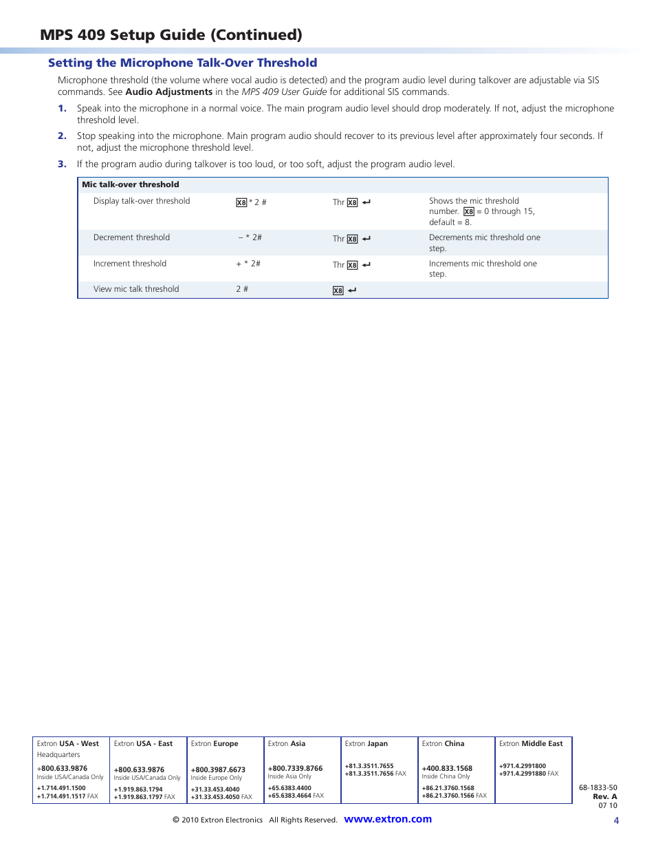 Mps 409 setup guide (continued), Setting the microphone talk-over threshold | Extron Electronics MPS 409 Setup Guide User Manual | Page 4 / 4