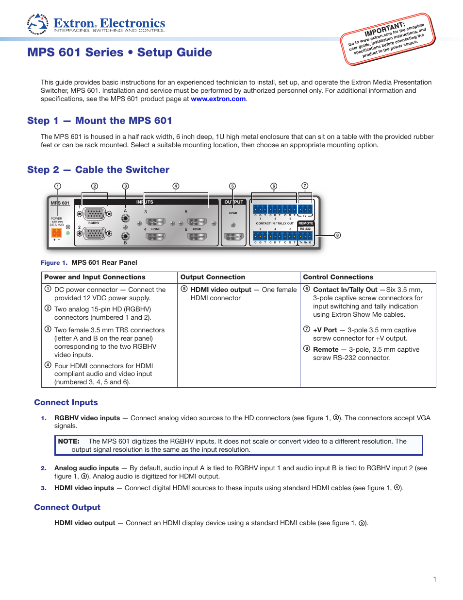 Extron Electronics MPS 601 Setup Guide User Manual | 4 pages