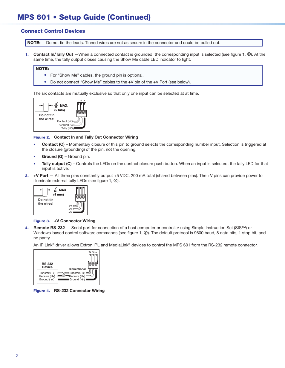 Mps 601 • setup guide (continued), Connect control devices | Extron Electronics MPS 601 Setup Guide User Manual | Page 2 / 4