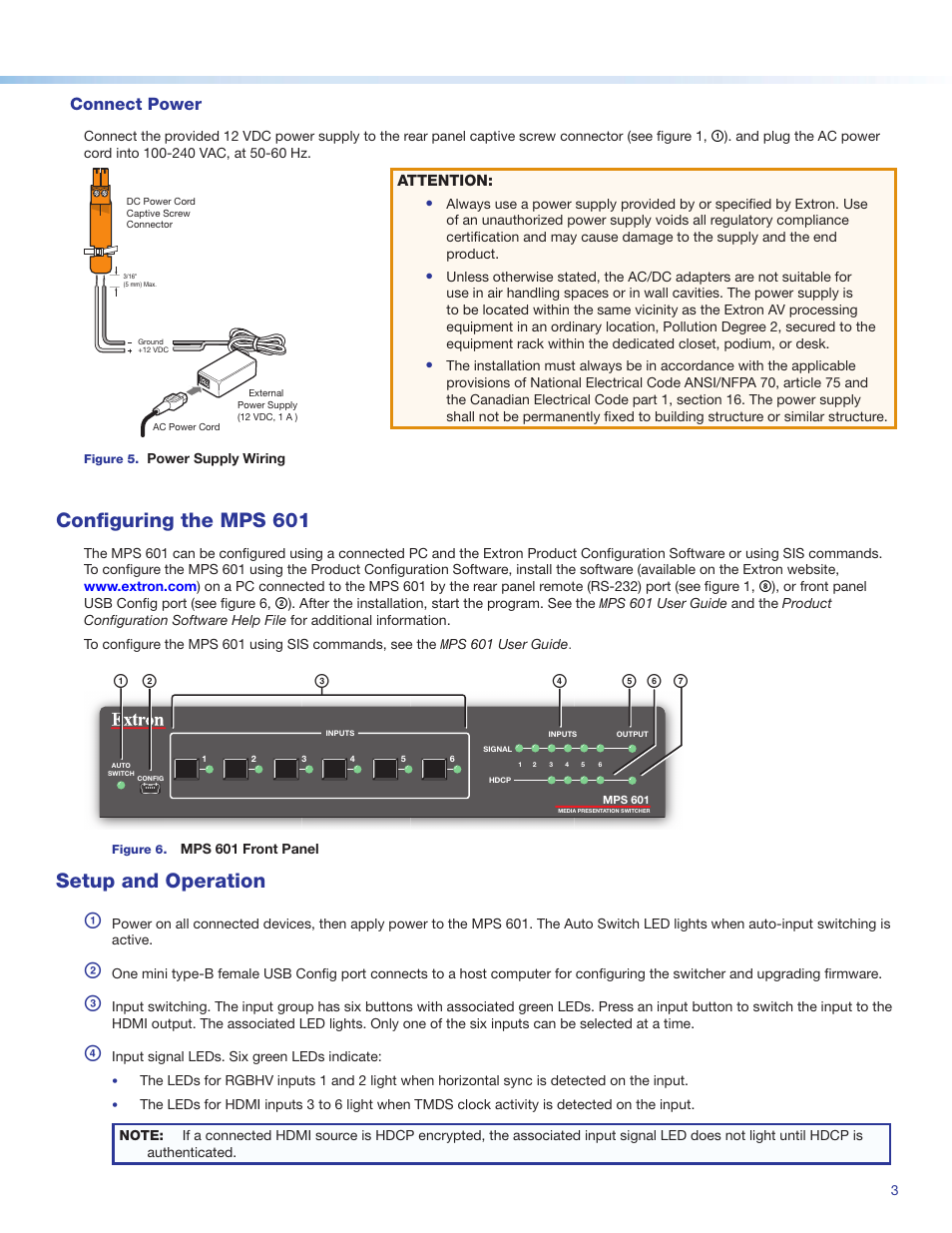 Configuring the mps 601, Setup and operation, Connect power | Extron Electronics MPS 601 Setup Guide User Manual | Page 3 / 4