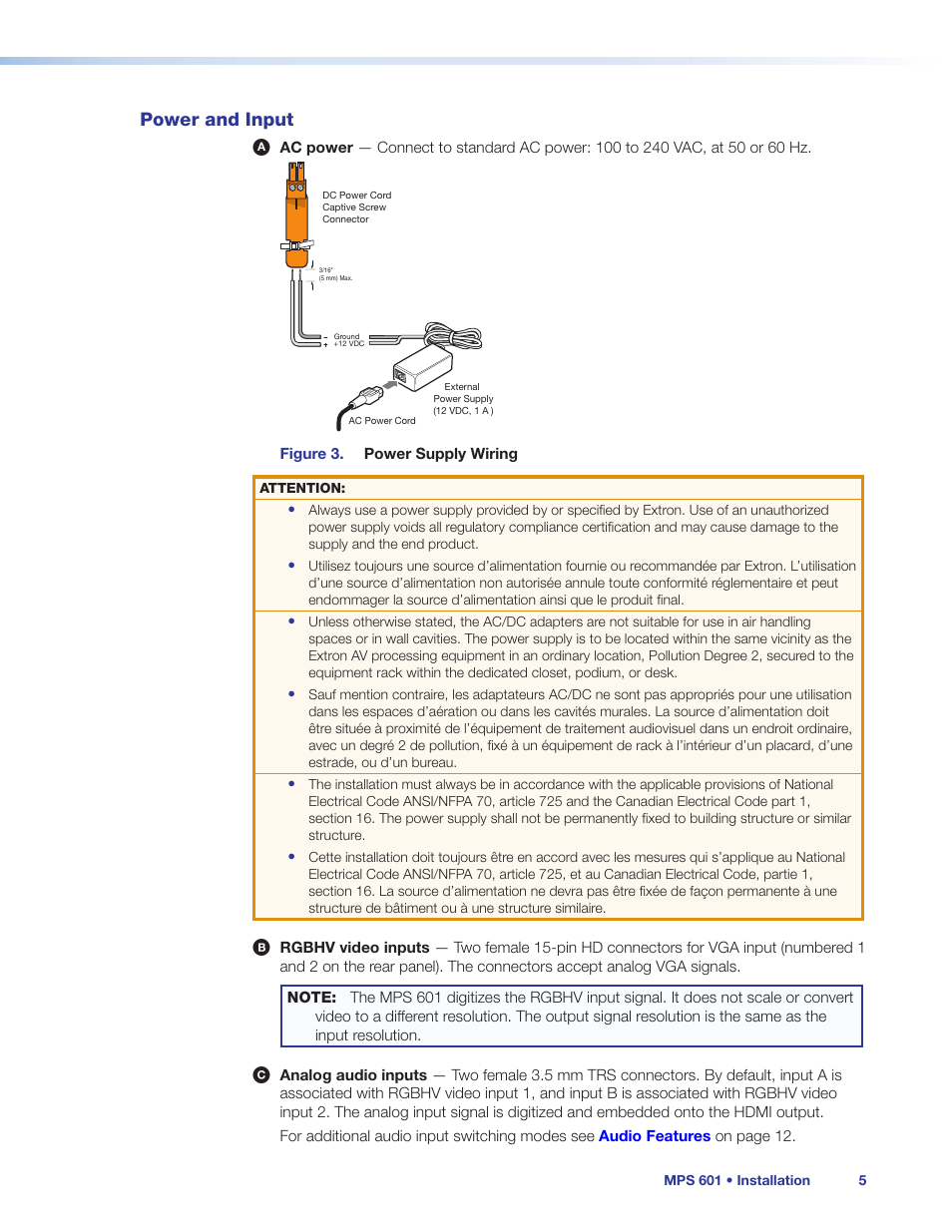 Power and input, Dc power connector, Two configurable analog 15-pin hd (vga) connectors | Two female 3.5 mm trs connectors, Letter | Extron Electronics MPS 601 User Guide User Manual | Page 11 / 54