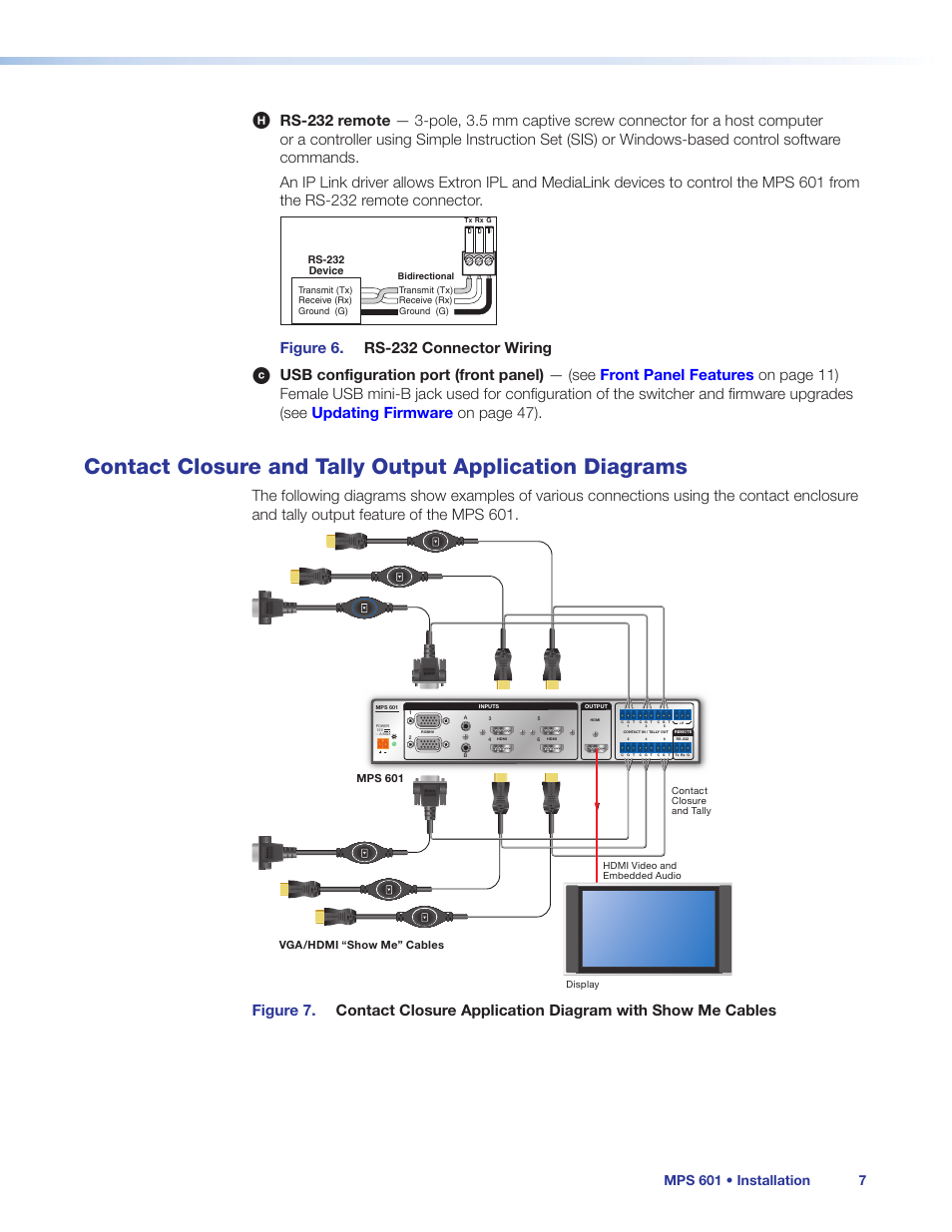 Contact closure and tally output application, Diagrams, Rs-232 | Figure 6. rs-232 connector wiring, Mps 601 • installation 7 | Extron Electronics MPS 601 User Guide User Manual | Page 13 / 54