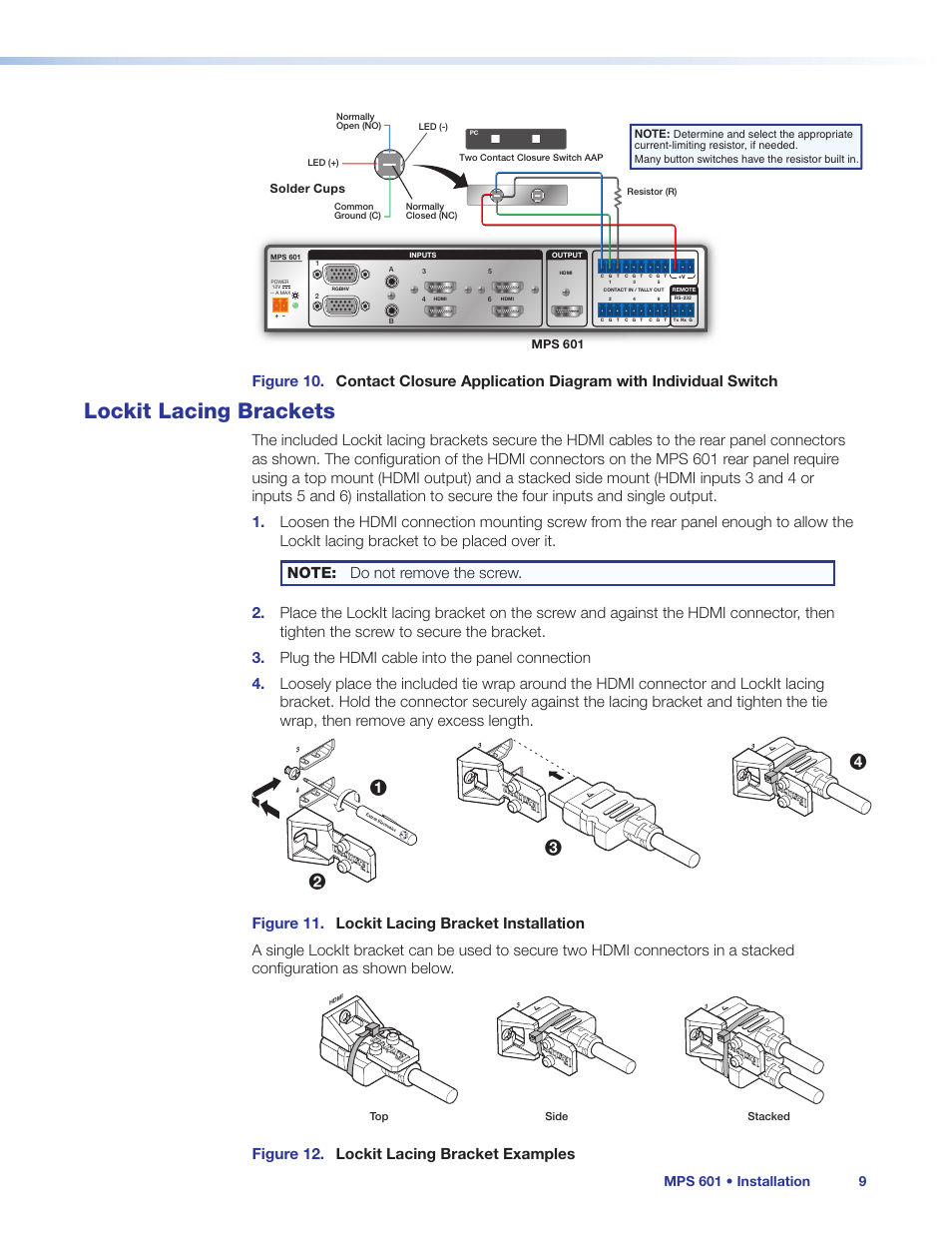 Lockit lacing brackets, Figure 12. lockit lacing bracket examples, Mps 601 • installation 9 | Extron Electronics MPS 601 User Guide User Manual | Page 15 / 54