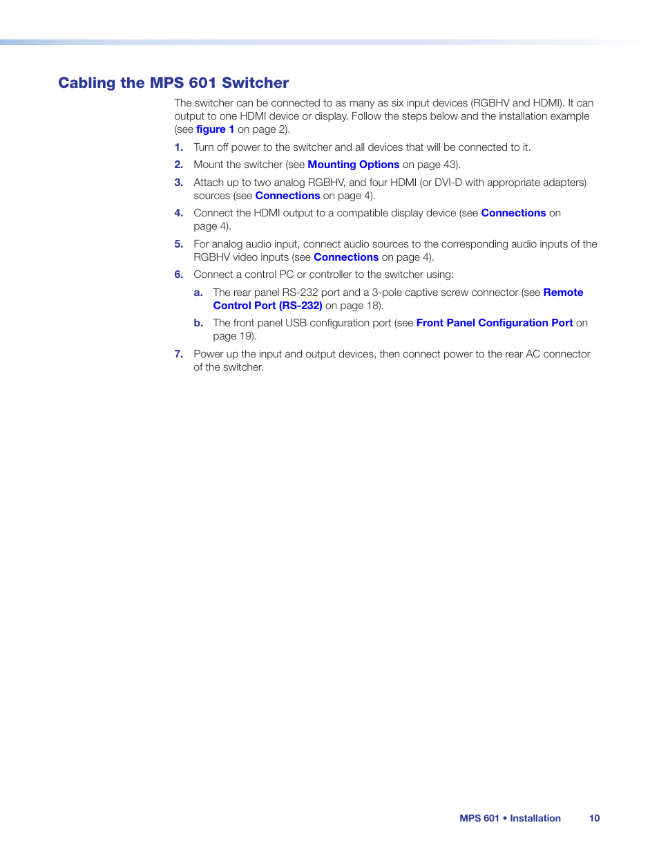 Cabling the mps 601 switcher | Extron Electronics MPS 601 User Guide User Manual | Page 16 / 54