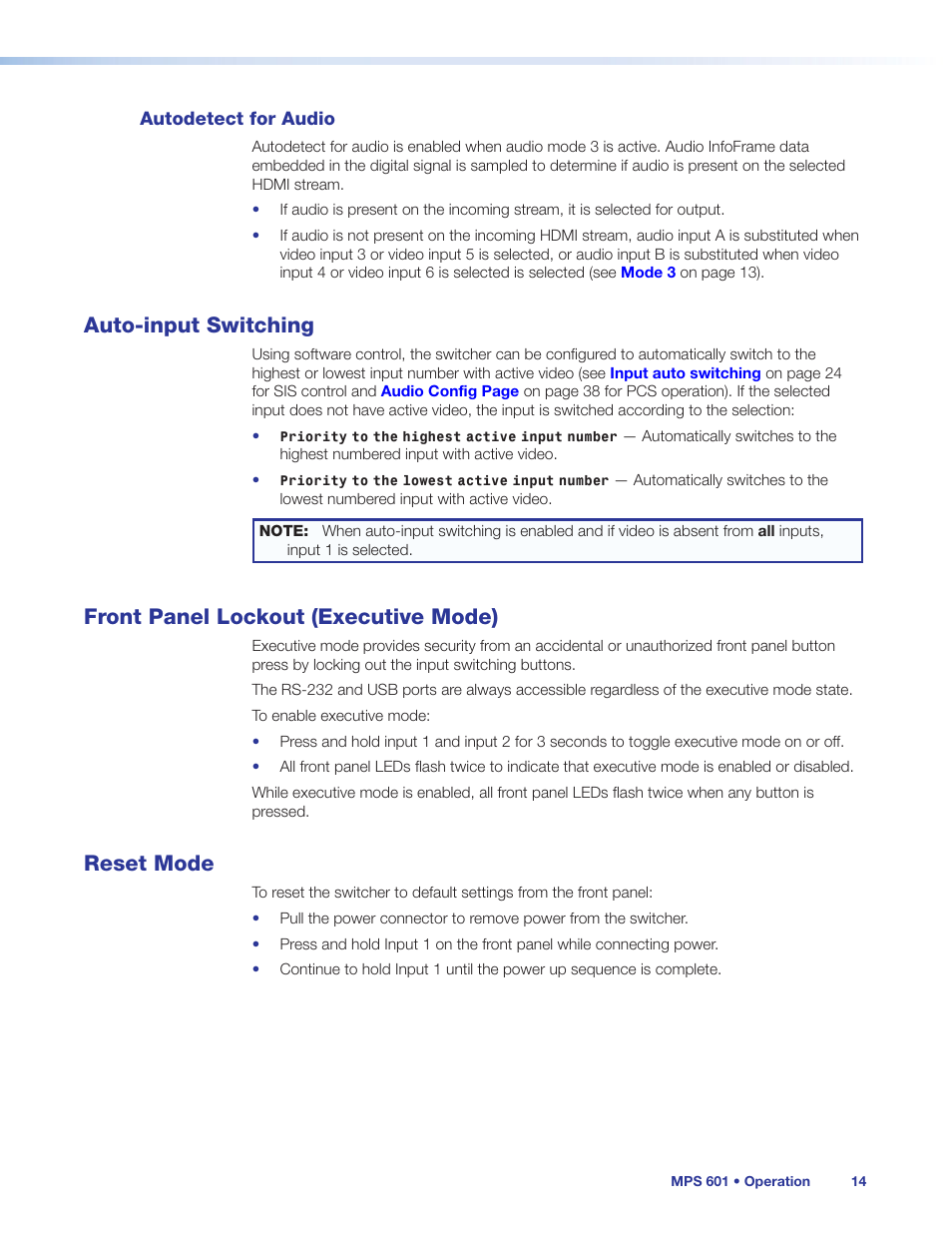 Autodetect for audio, Auto-input switching, Front panel lockout (executive mode) | Reset mode | Extron Electronics MPS 601 User Guide User Manual | Page 20 / 54