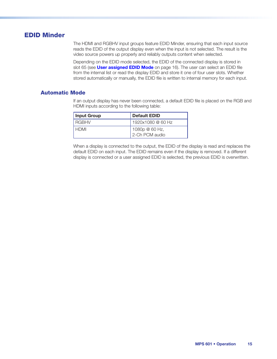 Edid minder, Automatic mode | Extron Electronics MPS 601 User Guide User Manual | Page 21 / 54