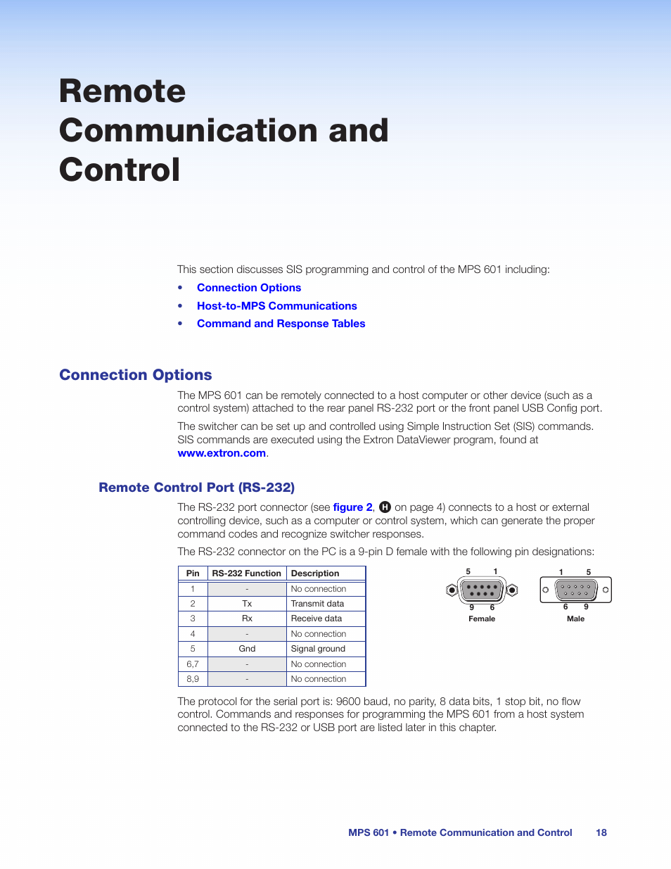 Remote communication and control, Connection options, Remote control port (rs-232) | Remote, Control port (rs-232) | Extron Electronics MPS 601 User Guide User Manual | Page 24 / 54