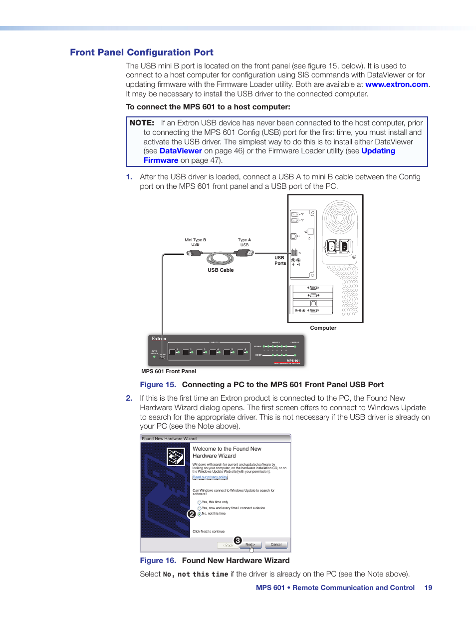 Front panel configuration port, Ont panel usb configuration port (see, Figure 16. found new hardware wizard select | Extron Electronics MPS 601 User Guide User Manual | Page 25 / 54