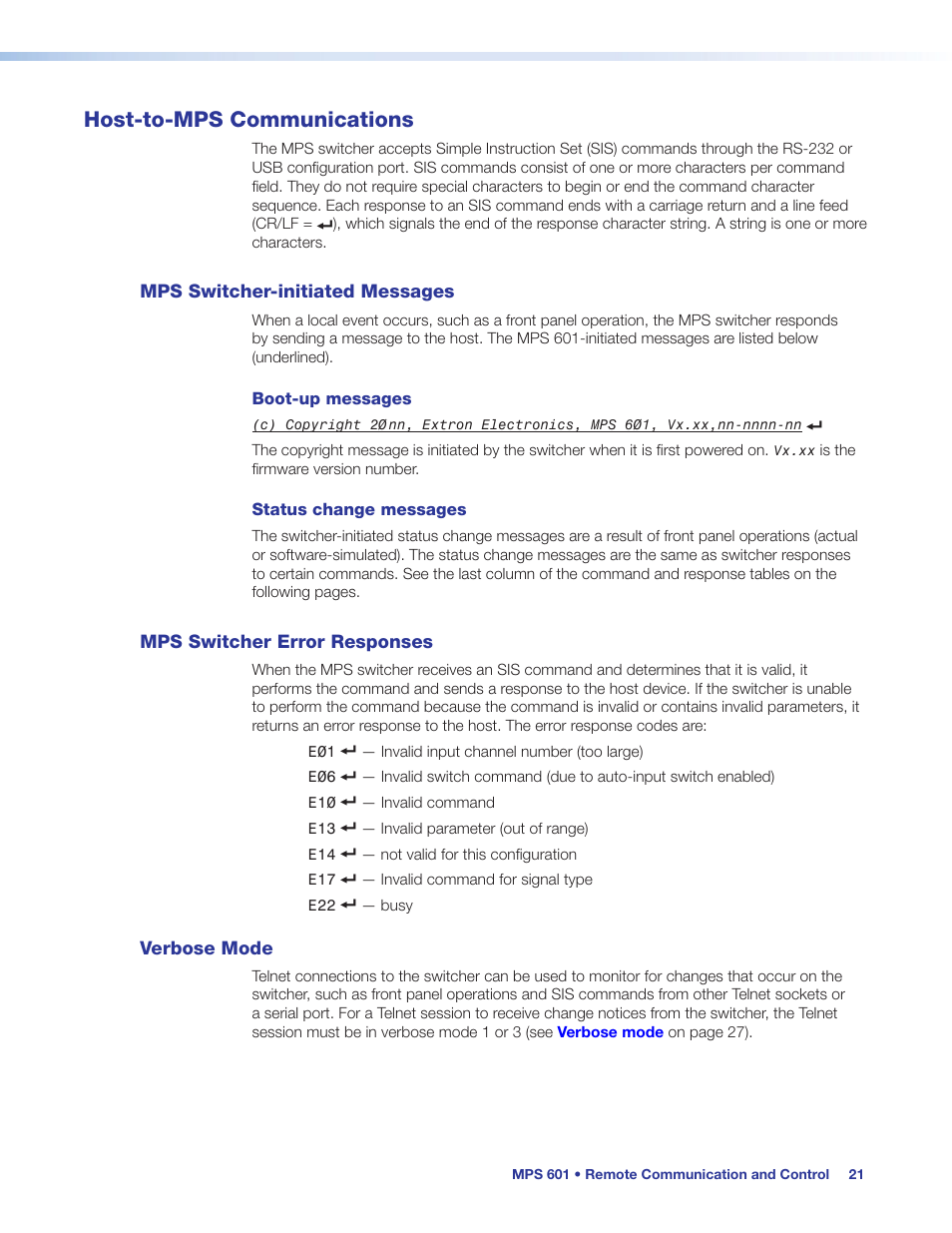 Host-to-mps communications, Mps switcher-initiated messages, Mps switcher error responses | Verbose mode | Extron Electronics MPS 601 User Guide User Manual | Page 27 / 54