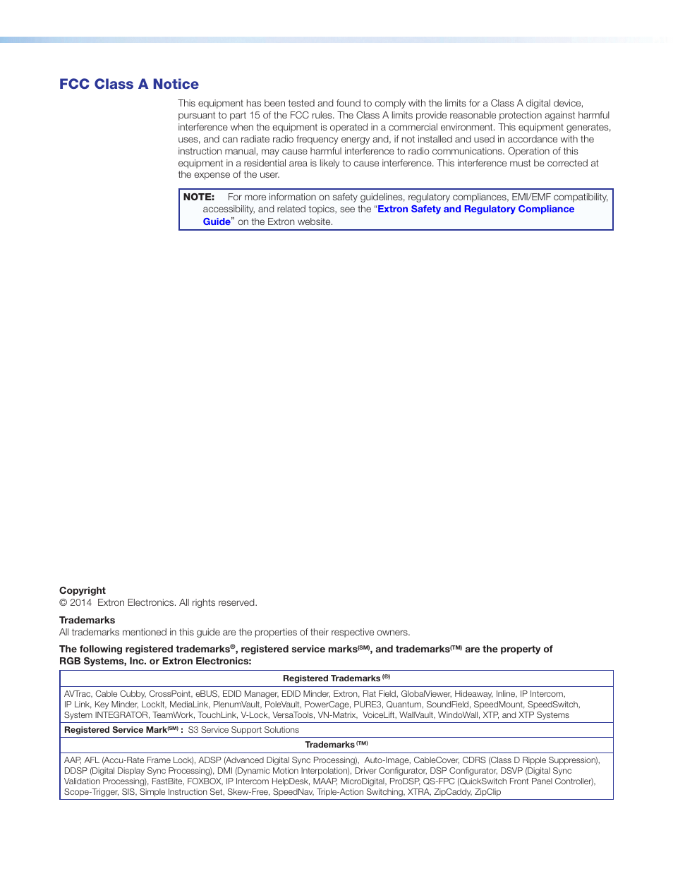 Fcc, copyrights, and trademarks, Fcc class a notice | Extron Electronics MPS 601 User Guide User Manual | Page 3 / 54