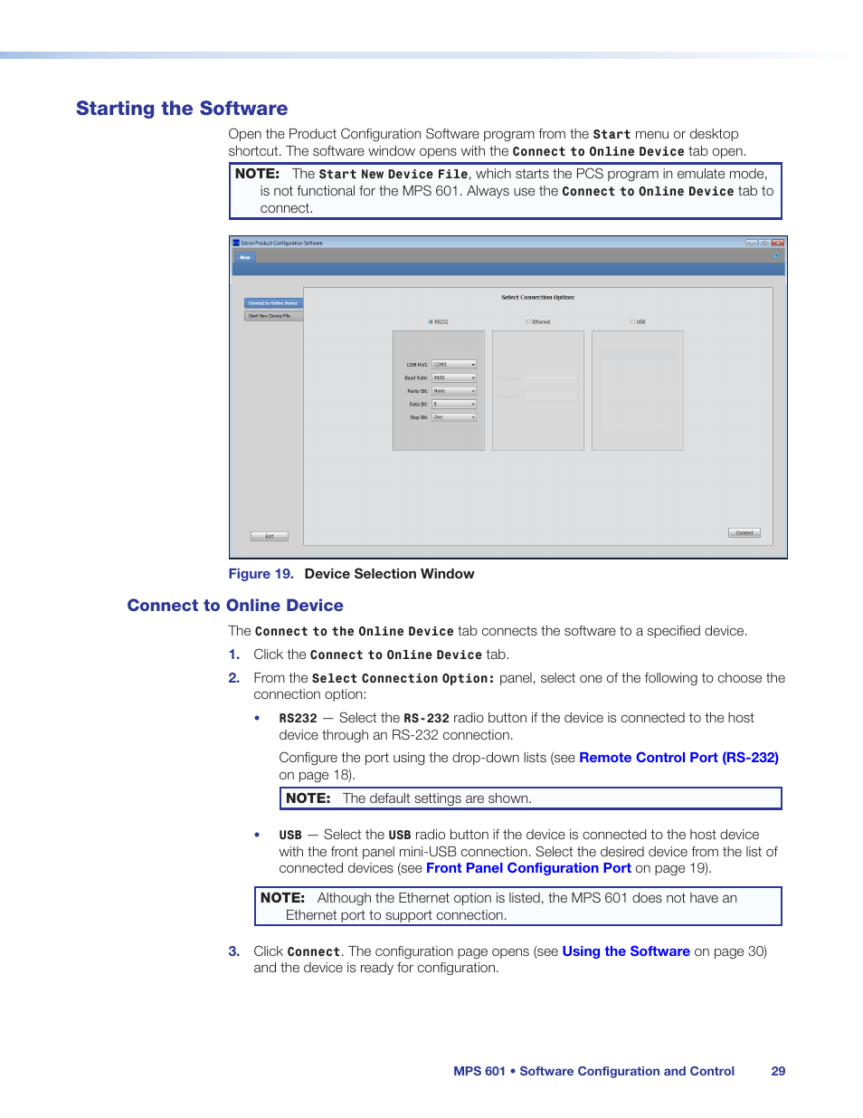 Starting the software, Connect to online device | Extron Electronics MPS 601 User Guide User Manual | Page 35 / 54