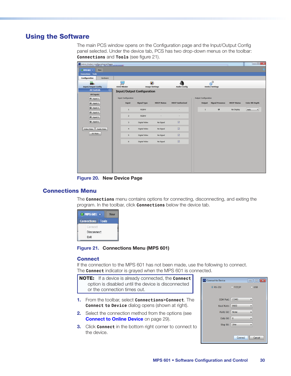 Using the software, Connections menu | Extron Electronics MPS 601 User Guide User Manual | Page 36 / 54