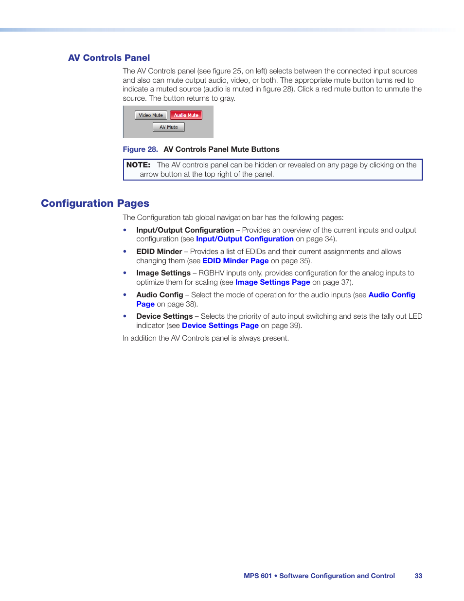Av controls panel, Configuration pages | Extron Electronics MPS 601 User Guide User Manual | Page 39 / 54