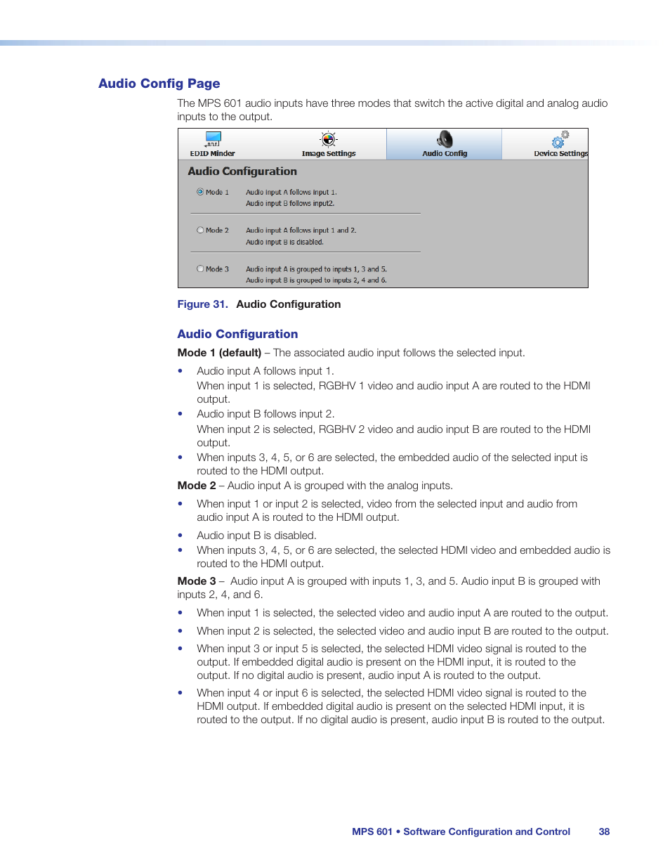 Audio config | Extron Electronics MPS 601 User Guide User Manual | Page 44 / 54
