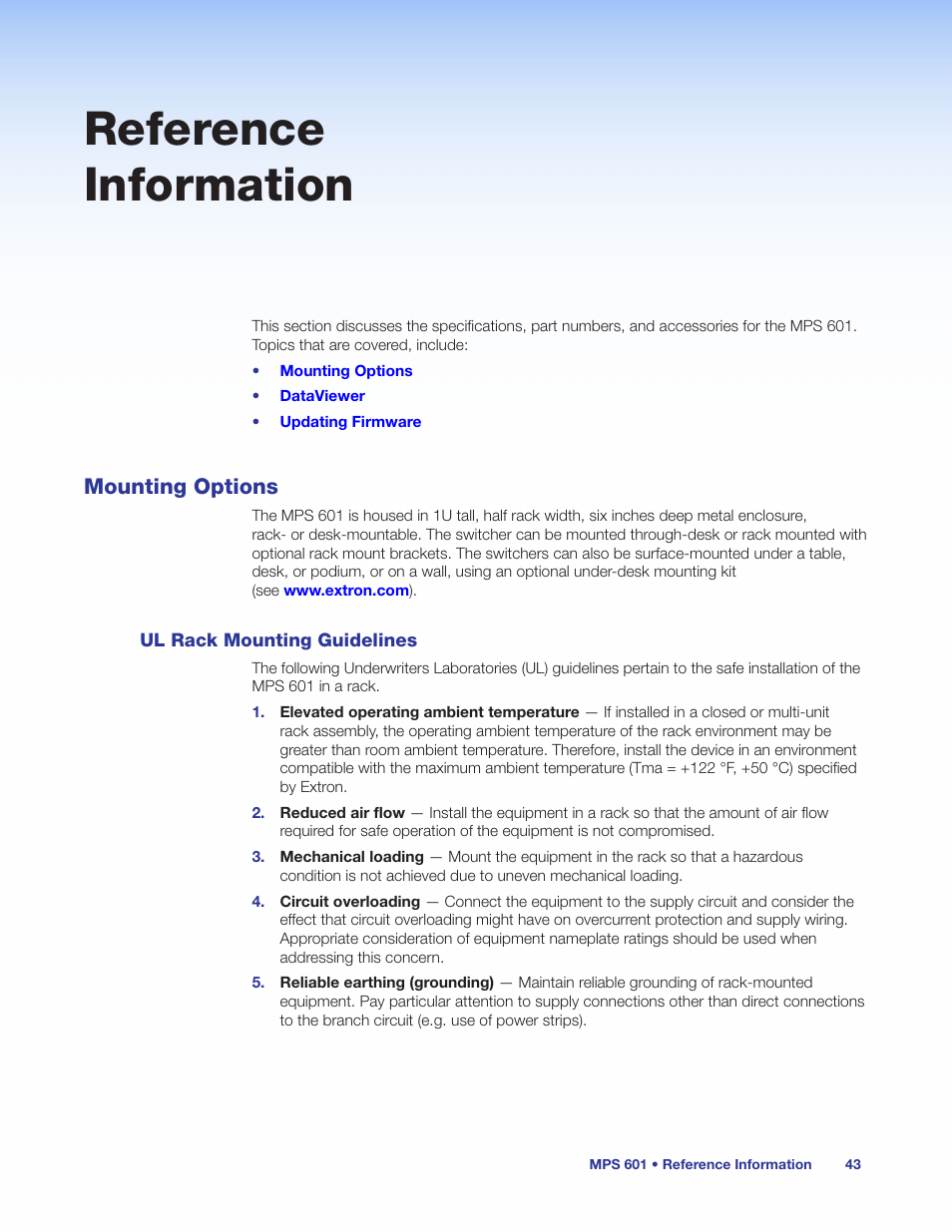 Reference information, Mounting options, Ul rack mounting guidelines | Extron Electronics MPS 601 User Guide User Manual | Page 49 / 54