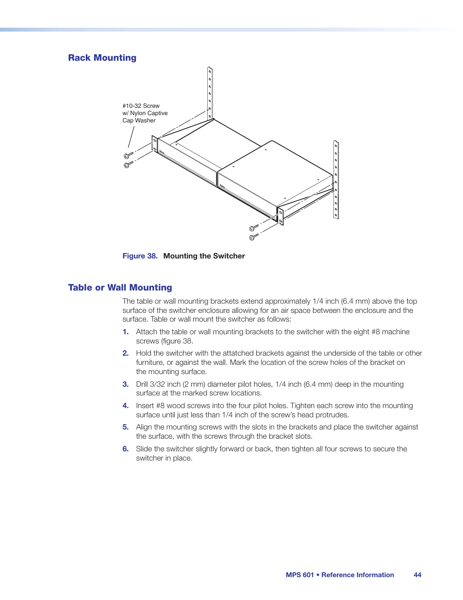 Rack mounting, Table or wall mounting, Rack mounting table or wall mounting | Extron Electronics MPS 601 User Guide User Manual | Page 50 / 54