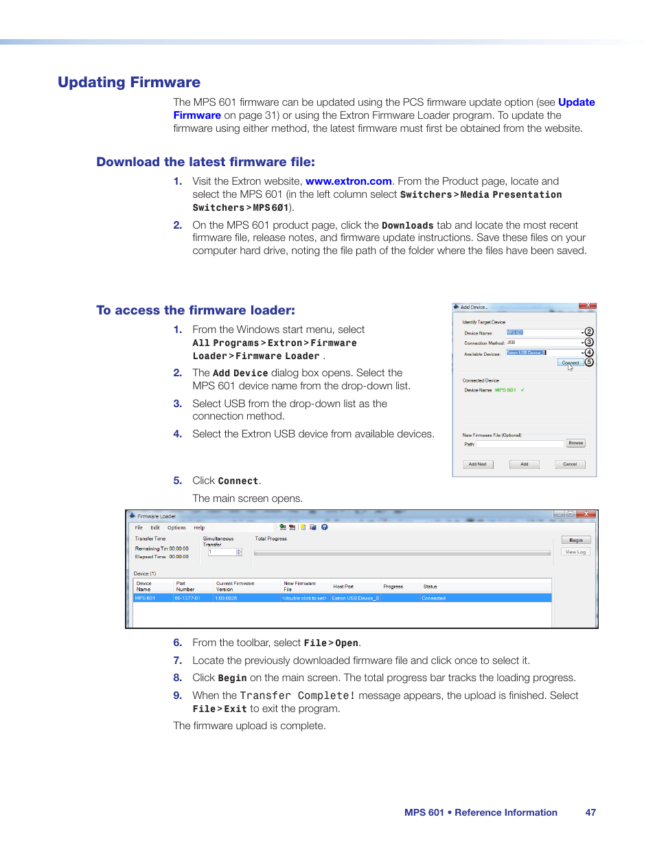 Updating firmware, Download the latest firmware file, To access the firmware loader | Updating, Firmware, Download, The latest firmware file | Extron Electronics MPS 601 User Guide User Manual | Page 53 / 54