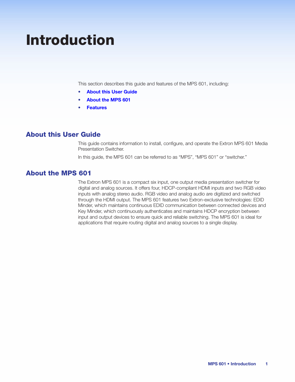 Introduction, About this user guide, About the mps 601 | About this user guide about the mps 601 | Extron Electronics MPS 601 User Guide User Manual | Page 7 / 54