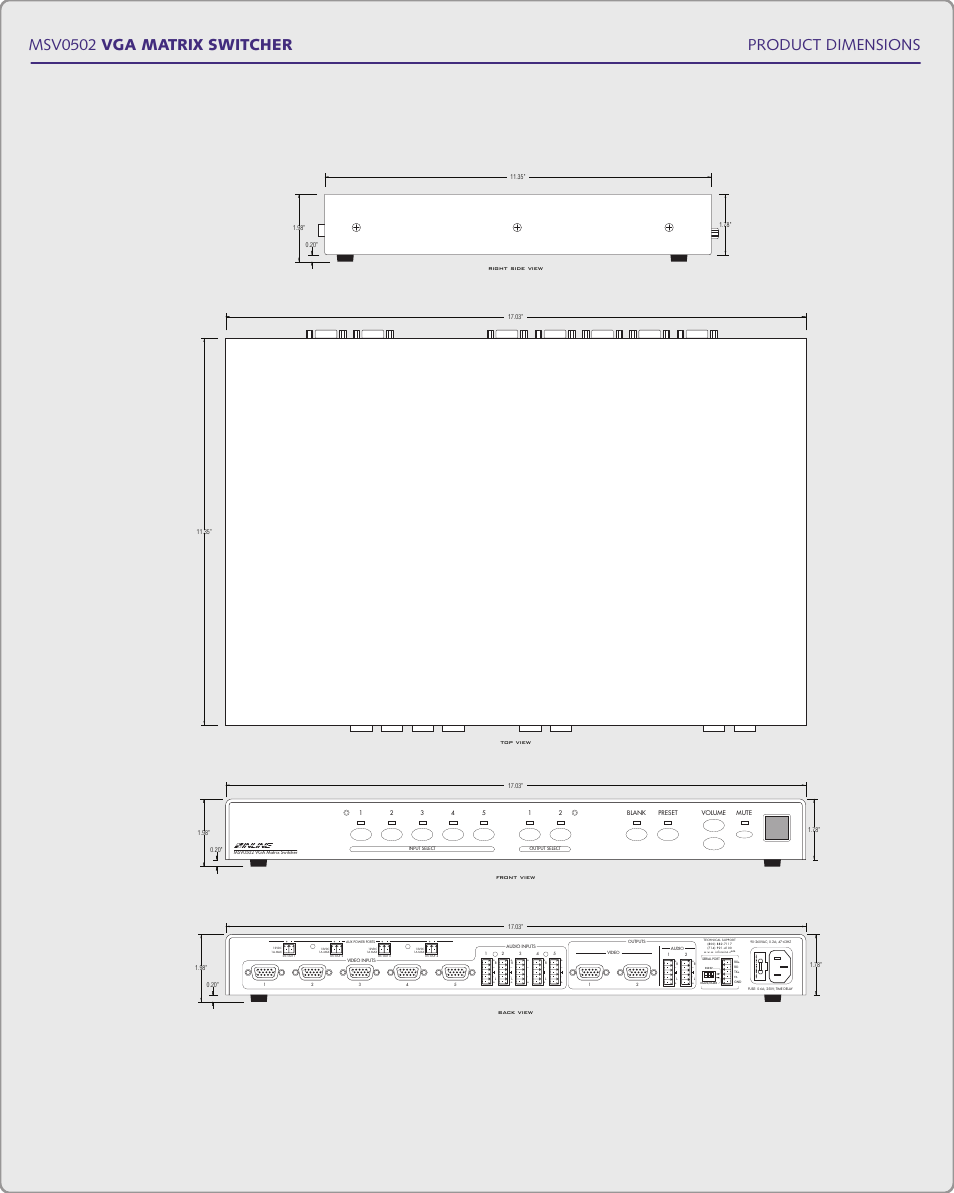 Product dimensions msv0502 vga matrix switcher | Extron Electronics MSV0502 User Manual | Page 25 / 26