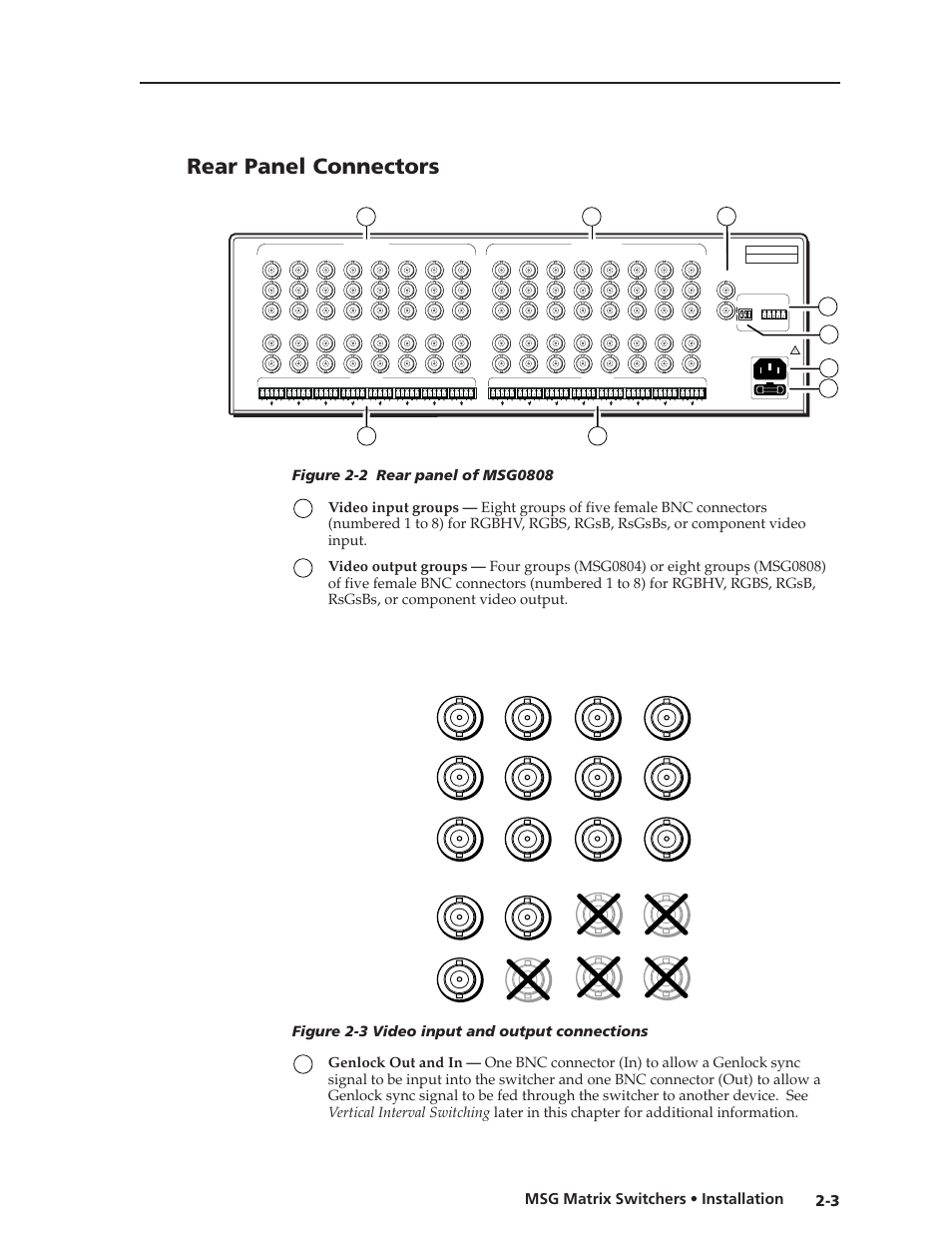 Rear panel connectors, Msg matrix switchers • installation 2-3 | Extron Electronics MSG0808 User Manual | Page 13 / 54