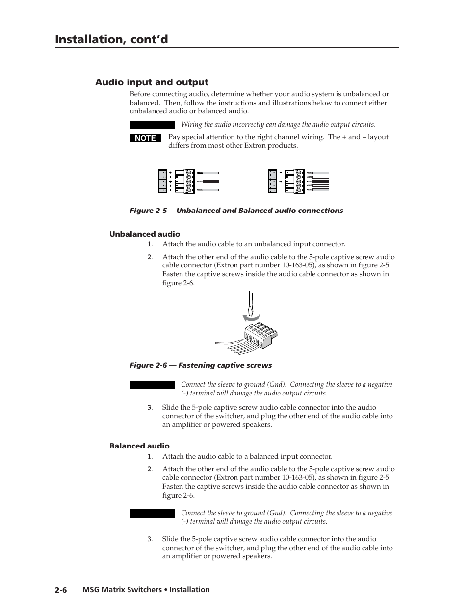 Installation, cont’d, Audio input and output | Extron Electronics MSG0808 User Manual | Page 16 / 54