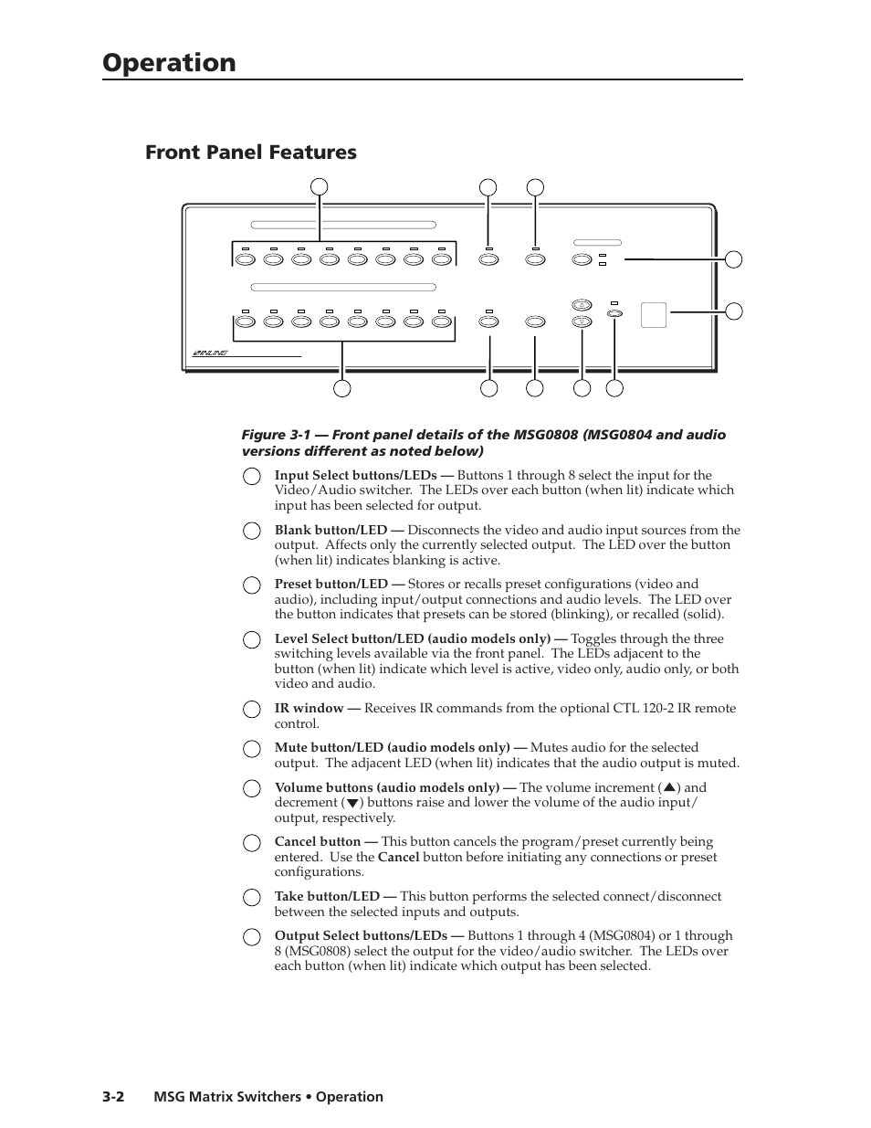 Operation, Front panel features, Msg matrix switchers • operation 3-2 | Extron Electronics MSG0808 User Manual | Page 20 / 54